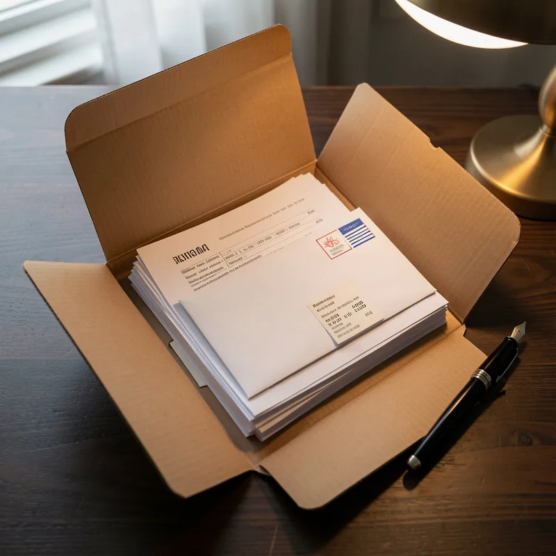 Dossier de documents juridiques et courrier recommandé posés sur un bureau