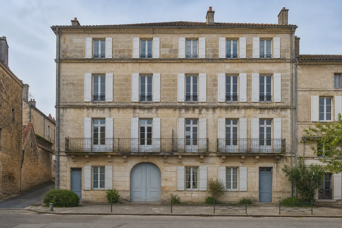 Immeuble d&rsquo;habitation collectif ancien en pierre avec balcons, vu depuis la rue