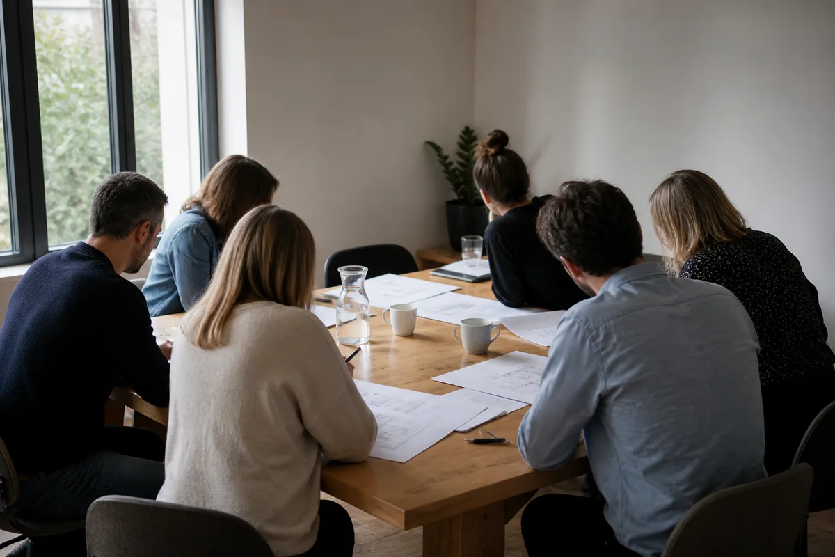 Assemblée générale de copropriété réunie autour d&rsquo;une table avec documents étalés