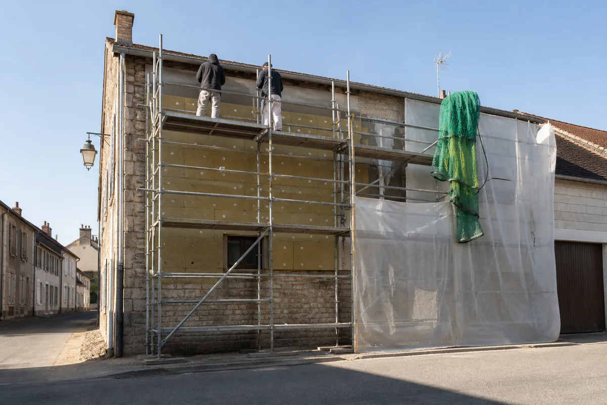 Copropriété de bourg en travaux, échafaudage et isolation de façade en cours