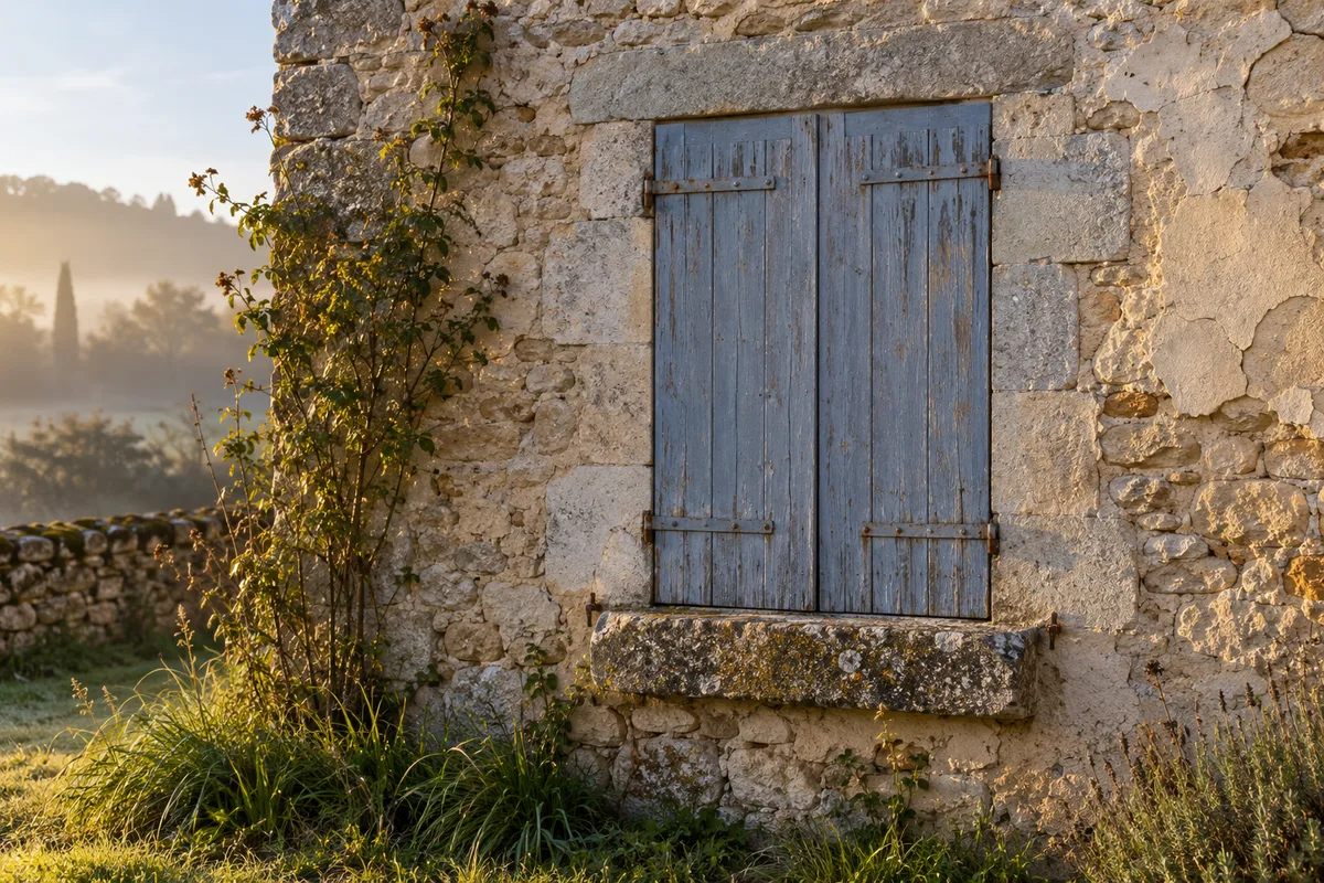 Façade de maison ancienne en pierre aux volets de bois fermés au petit matin