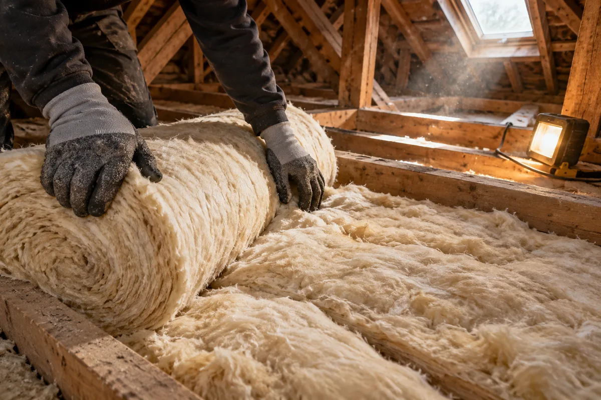 Mains d&rsquo;artisan déroulant un rouleau d&rsquo;isolant en laine minérale dans des combles perdus
