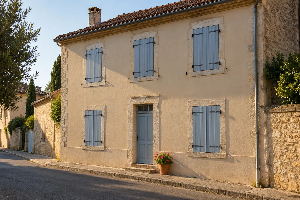 Maison de bourg aux volets fermés vue depuis la rue en fin de journée