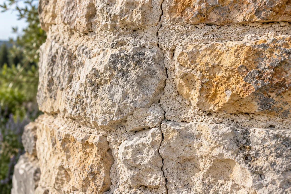 Mur de pierre extérieur portant une fine fissure sous une lumière rasante
