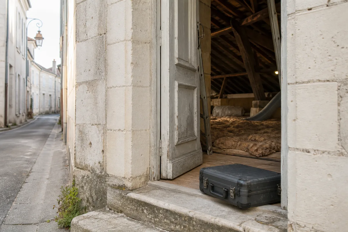 Isolation de combles perdus en cours de pose dans une maison ancienne