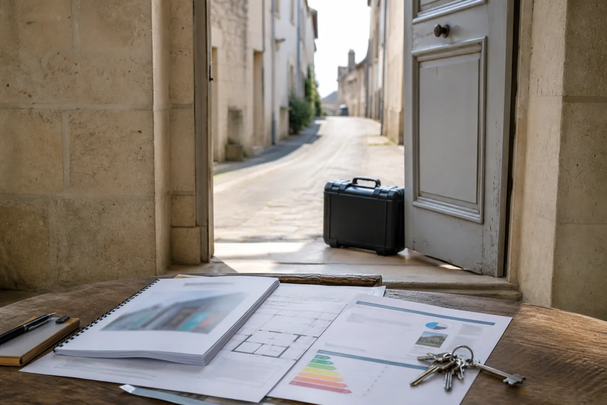 Table de travail avec plans, rapports de diagnostic et clés de maison