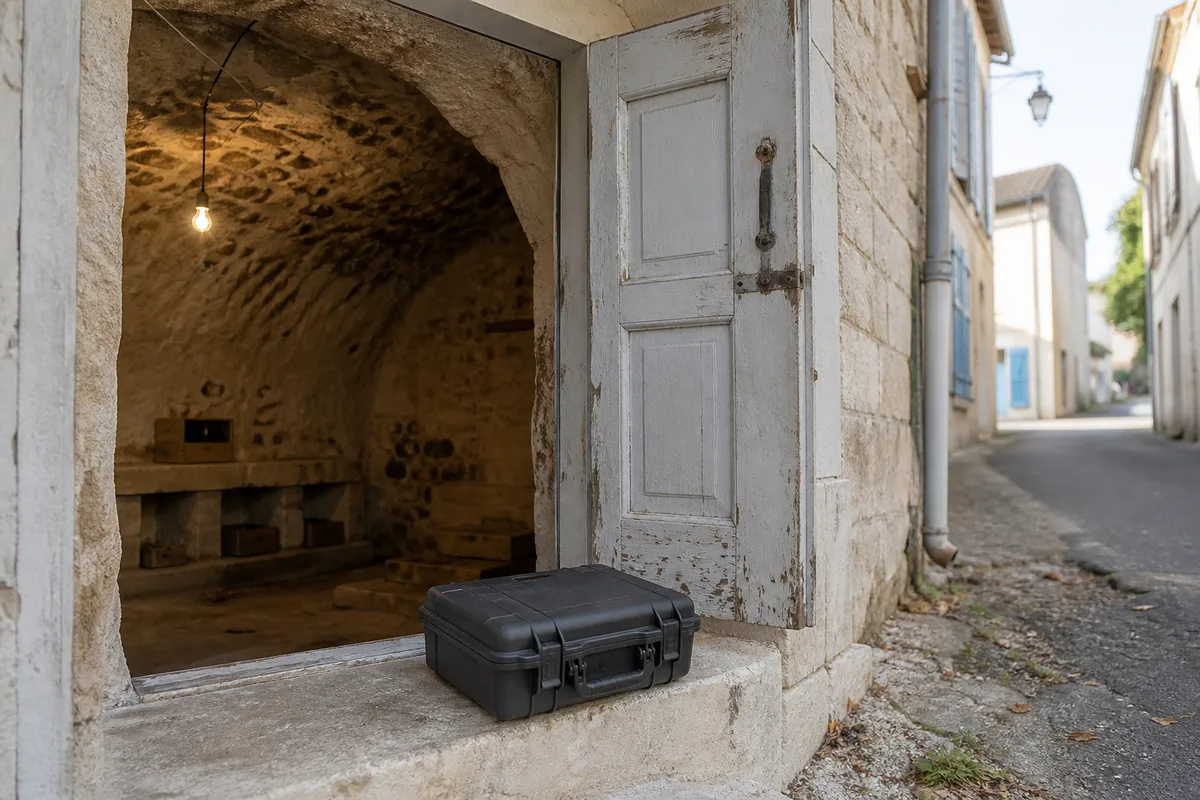 Cave troglodytique voûtée éclairée par une ampoule sur fil
