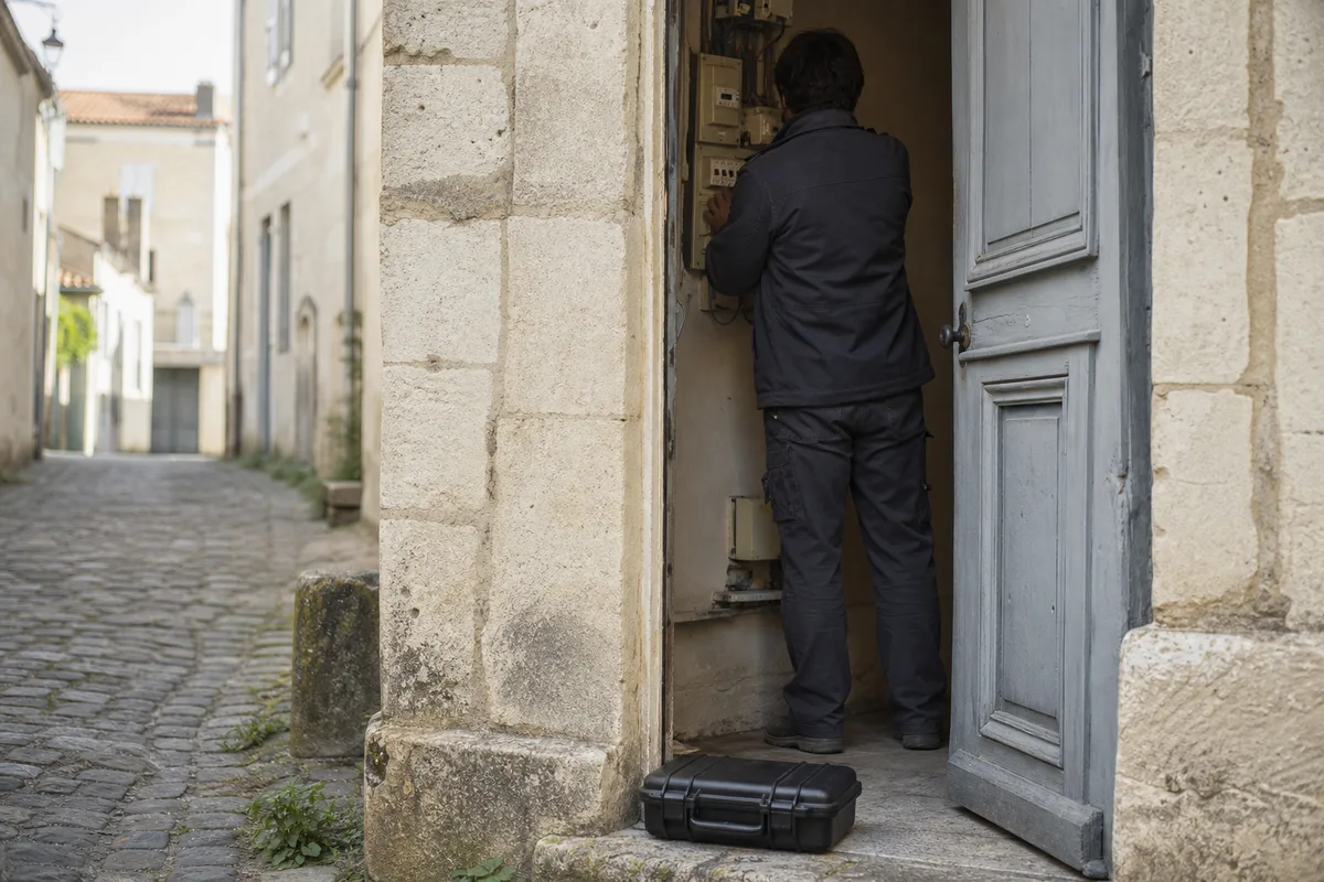 Diagnostiqueur relevant une installation électrique dans une maison ancienne