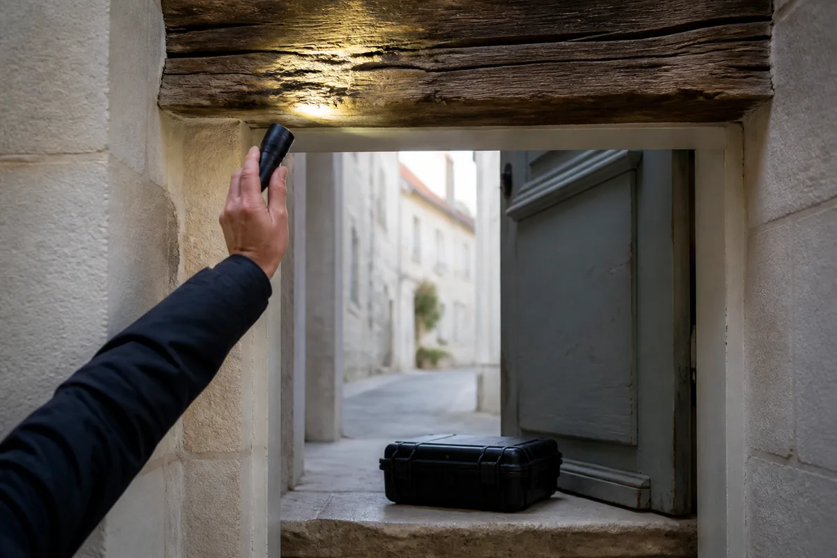 Poutre de charpente ancienne inspectée à la lampe par un professionnel